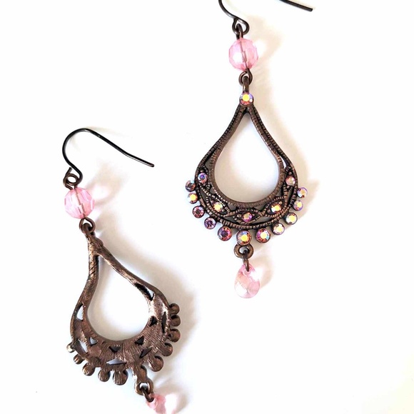 ๐๐ Vintage Copper Bohemian Pink Inlaid Rhinestones Chandelier Earrings - Picture 5 of 6